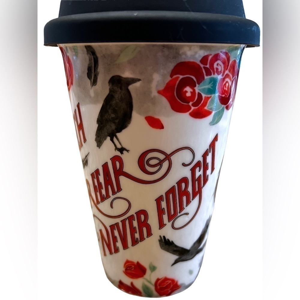 OWLCRATE Nevernight Ceramic Travel Coffee Mug And Silicone Lid Red Roses & Crows - Picture 3 of 9